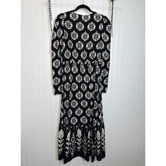 LOFT Ann Taylor Black & White Floral Tiered Midi Dress Long Sleeve Casual Size S - Picture 4 of 8